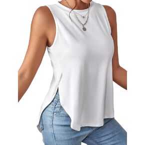GORGLITTER Women's Summer Tank Tops Side Split Sleeveless Round Neck Asymmetrical Tee Curved Hem Top in Saudi Arabia