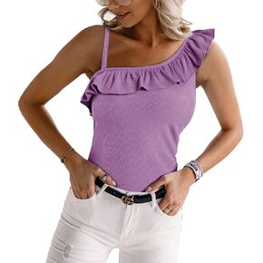 CNJFJ Womens Summer Bodycon Camisoles One Shoulder Strap Square Neck Blouse Rib Knitted Ruffle Tank Tops
