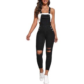 Floerns Women's Ripped Adjustable Strap High Waist Denim Overalls Jeans Pants Jumpsuits