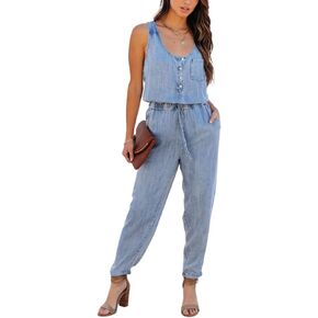bothandy Women's Vintage Denim Scoop Neck Sleeveless Jumpsuits Drawstring Waist Overalls Jeans Pants Rompers
