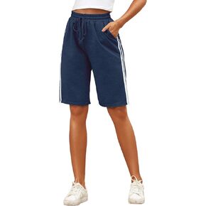 Women's Drawstring 2-Stripes Lounge Jersey Bermuda Shorts High Waist Jogger Yoga Long Sweat Shorts with Pockets