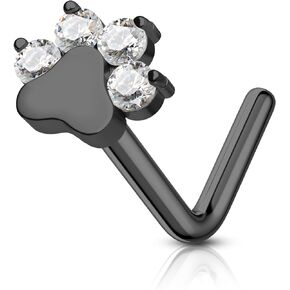 COCHARM G23 Titanium 20g Nose Stud Black Silver Paw Print Nose Stud L Shape Nose Rings L Bend Dog Paw Nostril Nose Piercing Jewelry 20g Cute Classicl Press Fit Nose Stud for Women Men
