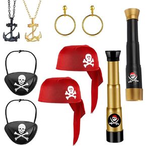 11pcs Captain Pirate Costume Accessories Set Pirate Headscarf Bandana Skull Eye Patch Telescope Belt Earring Necklace For Kids Men Halloween Cosplay Pirate Theme Party Birthday Masquerade