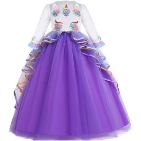 HIHCBF Girls Unicorn Costume Pageant Princess Party Long Sleeve Dress Wedding Birthday Halloween Carnival Maxi Ball Gown