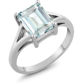 Gem Stone King 925 Sterling Silver Sky Blue Simulated Aquamarine Solitaire Engagement Ring For Women (2.30 Cttw, Emerald Cut 9X7MM, Gemstone Birthstone, Available in Size 5,6,7,8,9)