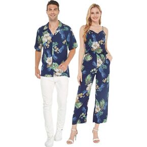 Matchable Couple Hawaiian Luau Shirt or V-Neck Jumpsuit with Pockets in Pineapple Garden Navy