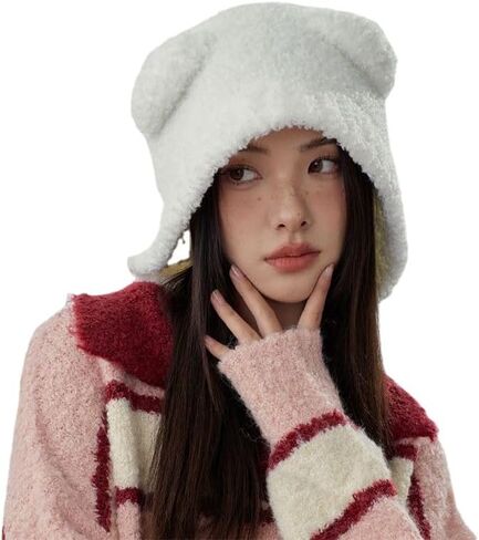 Crancious The Human Bear Ears Warm Hat - Y2K Adventure Time Plush Beanie for Women - All-Around Head and Ear. in Kuwait