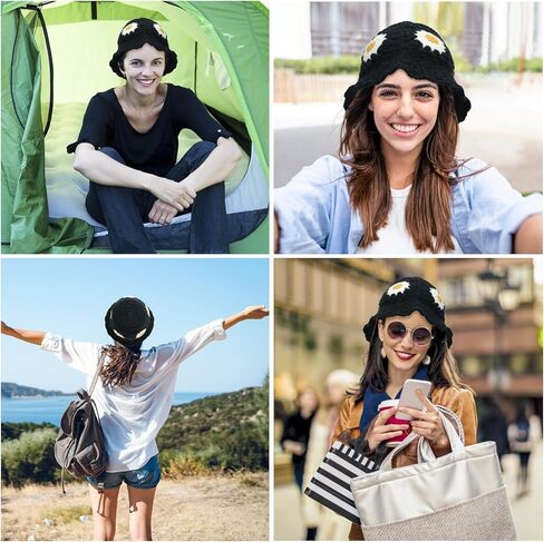 قبعة كروشيه عباد الشمس محبوكة قبعة بيني مصنوعة يدويًا للنساء في الصيف والسفر العصري in Kuwait