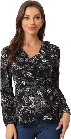 Allegra K Women's Floral V Neck Wrap Top Long Sleeve Tie Waist Ruffle Peplum Blouse in Kuwait