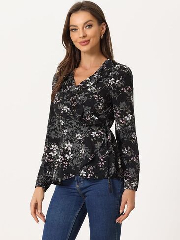 Allegra K Women's Floral V Neck Wrap Top Long Sleeve Tie Waist Ruffle Peplum Blouse in Kuwait