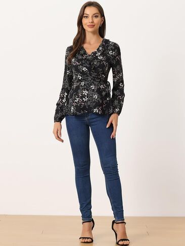 Allegra K Women's Floral V Neck Wrap Top Long Sleeve Tie Waist Ruffle Peplum Blouse in Kuwait