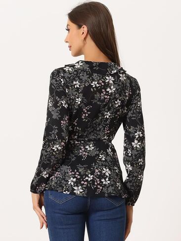 Allegra K Women's Floral V Neck Wrap Top Long Sleeve Tie Waist Ruffle Peplum Blouse in Kuwait