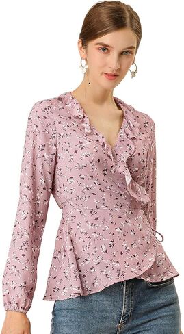 Allegra K Women's Floral V Neck Wrap Top Long Sleeve Tie Waist Ruffle Peplum Blouse in Saudi Arabia