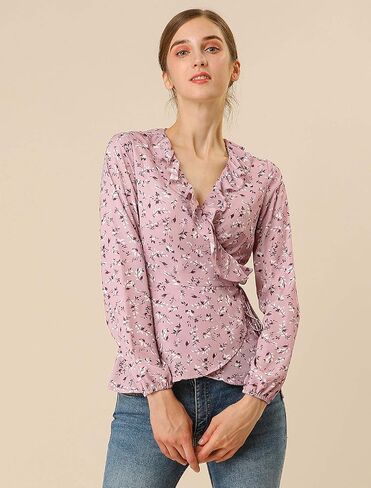 Allegra K Women's Floral V Neck Wrap Top Long Sleeve Tie Waist Ruffle Peplum Blouse in Saudi Arabia