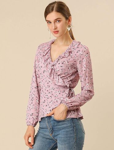 Allegra K Women's Floral V Neck Wrap Top Long Sleeve Tie Waist Ruffle Peplum Blouse in Saudi Arabia
