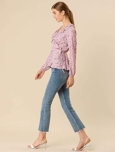 Allegra K Women's Floral V Neck Wrap Top Long Sleeve Tie Waist Ruffle Peplum Blouse in Saudi Arabia