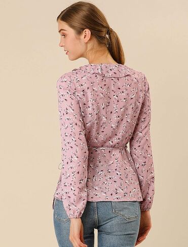 Allegra K Women's Floral V Neck Wrap Top Long Sleeve Tie Waist Ruffle Peplum Blouse in Saudi Arabia