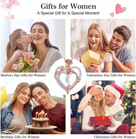 Iefil Valentines Day Gifts for Her - 925 Sterling Silver Rose Heart Initial Letter Necklace for Women Jewelry Valentines Day Anniversary Birthday Gifts for Her Mom Wife Girlfriend in Saudi Arabia