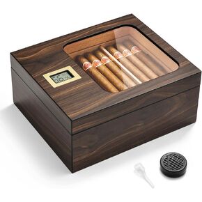 Cigar Humidor, Modern Glass Top Cedar Humidor Cigar Box with Digital Hygrometer, Humidifier, Handcrafted Cedar Wood Tray and Divider, Cigar Case Holds 25-50 Cigars, Cigar Accessories for Men