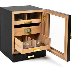 CASE ELEGANCE Luca Cabinet Humidor with Thick Cedar, Easy humidification System, Accurate Digital Hygrometer - Black