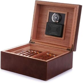 Cigar Humidor, Handcrafted Real Solid Spanish Cedar Wood Tray and Divider, Elegant Leather Cigar Storage Box with Glass Hygrometer and Rectangle Humidifier, Holds 50-100 Cigars, Men's Gift