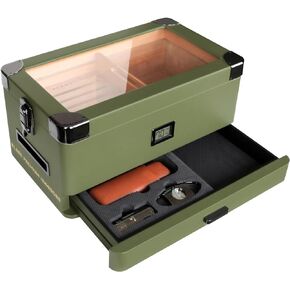 CASE ELEGANCE Military Glass Top Humidor with Thick Cedar, Easy humidification System, Accurate Digital Hygrometer - Green