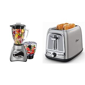 Oster Core 16-Speed Blender with Glass Jar, Black, 006878 + Oster 2-Slice Toaster with Advanced Toast Technology, Stainless Steel