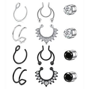 MODRSA Faux Septum Piercing Fake Septum Nose Hoop Rings Stainless Steel Faux Lip Ear Nose Face Septum Ring Non Piercing Clip On Moon Nose Rings Hoops