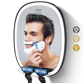 Widitn مرآة دش Fogless للحلاقة مع LED، مرآة حلاقة قابلة للتعديل مع حامل ماكينة حلاقة، 3 ألوان إضاءة خافتة، مثبتة على الحائط، مرآة حمام مضادة للكسر ومضادة للضباب للرجل