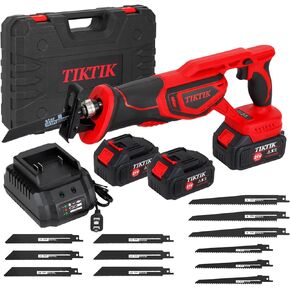TIKTIK Cordless Reciprocating Saw, 21V 2 * 4.0Ah Electric Reciprocating Saw, 0-3500 SPM Variable Speeds with Quick Charger, 12 Saw Blades, Use for Cut Metal, Wood and Plastic (red)