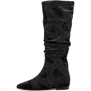 Women's Fashion Knee High Boots Pointed Toe Slouchy Flats Shoes Black Rhinstone Boot