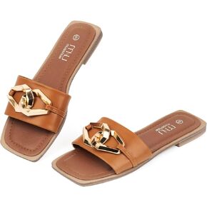 MUSSHOE Women's Flat Sandals Fashion Square Open Toe Metal Chain Dressy Sandals Slip On Outdoor Slide Sandals Outdoor Summer Shoes