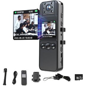 Body Camera with Audio and Video Recording, HD 1080P Body Cam 180° Rotating Lens 1.3'' LCD Screen Works 6 HRS-8 HRS, Night Vision Wearable Body Mounted Chest Clip Portable Camera 32G Pocket