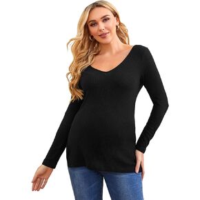 Floerns Women's Maternity Solid Long Sleeve V Neck Casual Split Side Rib Knit Sweater