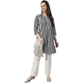 Janasya Black Cotton Polka Print A-Line Tunic