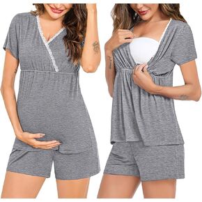SWOMOG Maternity Nursing Pajamas Set 2 PCS Breastfeeding Sleepwear Short Sleeve Top & Shorts Pregnancy Pjs Set for Hospital