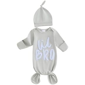Lil Bro/Sis Newbron Boy Girl Gown Knotted Romper Infant Coming Home from Hospital Outfit