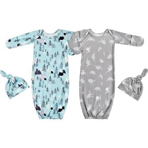 Newborn Baby Long Sleeve Sleeper Gown with Mittens Knotted Gown Coming Home Outfit Nightgown with Hat Set 2 Packs
