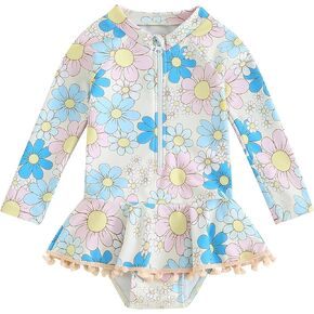 Infant Baby Girl One Piece Rash Guard Ruffle Swimsuit Sun Protection Half Zipper Bathing Suit Beach Swimwear Sunsuit in Kuwait