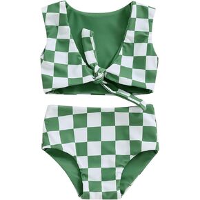 Toddler Baby Girl Two Piece Swimsuit Checkered Print Knotted Swim Top and Bottom Tankini Bikini Set Kid Bathing Suit