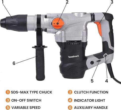 Towallmark 1-9/16 بوصة مثقاب مطرقة دوارة شديدة التحمل، قابض أمان 3 وظائف مع التحكم في الاهتزاز 13 أمبير أزاميل مطرقة دوارة ولقم ثقب مع حقيبة in Kuwait