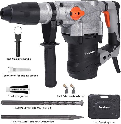 Towallmark 1-9/16 بوصة مثقاب مطرقة دوارة شديدة التحمل، قابض أمان 3 وظائف مع التحكم في الاهتزاز 13 أمبير أزاميل مطرقة دوارة ولقم ثقب مع حقيبة in Kuwait