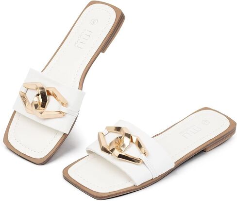 MUSSHOE Women's Flat Sandals Fashion Square Open Toe Metal Chain Dressy Sandals Slip On Outdoor Slide Sandals Outdoor Summer Shoes in Saudi Arabia