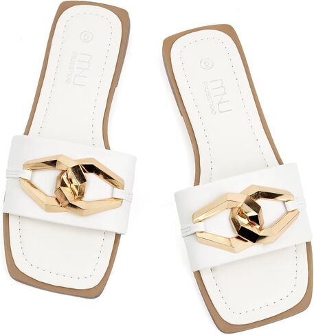 MUSSHOE Women's Flat Sandals Fashion Square Open Toe Metal Chain Dressy Sandals Slip On Outdoor Slide Sandals Outdoor Summer Shoes in Saudi Arabia
