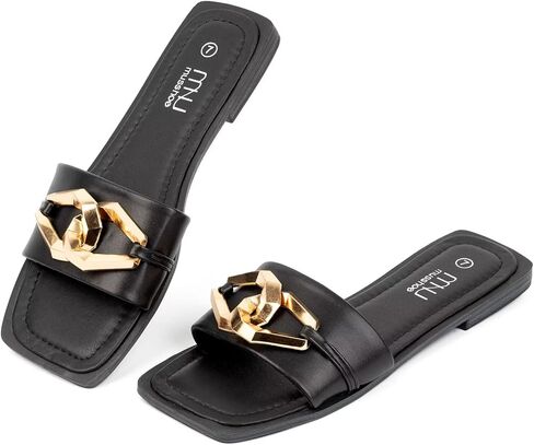 MUSSHOE Women's Flat Sandals Fashion Square Open Toe Metal Chain Dressy Sandals Slip On Outdoor Slide Sandals Outdoor Summer Shoes in Saudi Arabia