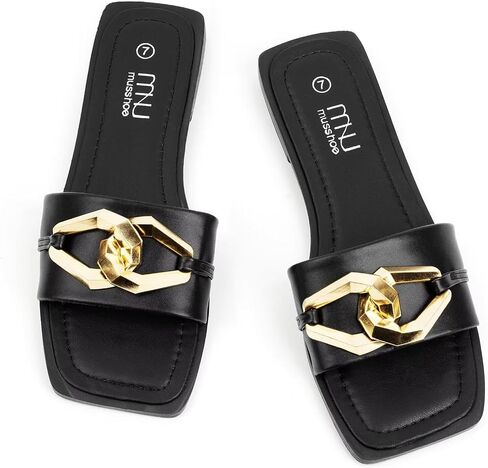 MUSSHOE Women's Flat Sandals Fashion Square Open Toe Metal Chain Dressy Sandals Slip On Outdoor Slide Sandals Outdoor Summer Shoes in Saudi Arabia