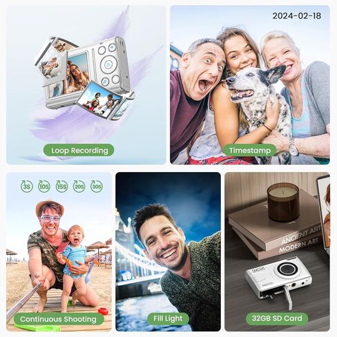 كاميرا رقمية للأطفال، كاميرا رقمية بدقة 64 ميجابكسل مع بطاقة 32 جيجابايت، ملء الضوء، تكبير 18X، استعادة الحلقة، هدية كاميرا صغيرة مدمجة بدقة 4K للمراهقين والأولاد والبنات in Kuwait