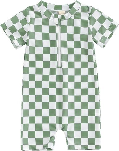 Infant Baby Boy Girl One Piece Swimsuit Short Sleeve Checkerboard Print Zipper Jumpsuit Sun Protection Bathing Suits in Saudi Arabia
