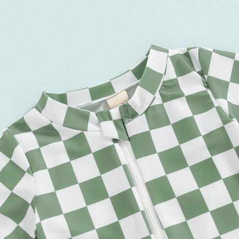Infant Baby Boy Girl One Piece Swimsuit Short Sleeve Checkerboard Print Zipper Jumpsuit Sun Protection Bathing Suits in Saudi Arabia