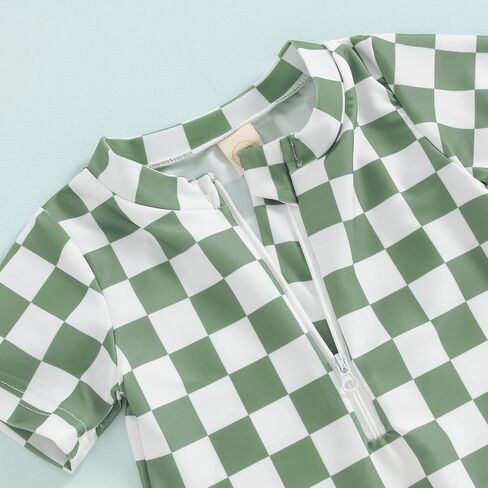Infant Baby Boy Girl One Piece Swimsuit Short Sleeve Checkerboard Print Zipper Jumpsuit Sun Protection Bathing Suits in Saudi Arabia